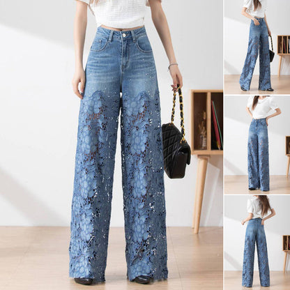 Pantaloni largi din denim albastru cu talie înaltă pentru femei, cu inserții din dantelă decupată 👖