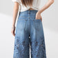 Pantaloni largi din denim albastru cu talie înaltă pentru femei, cu inserții din dantelă decupată 👖