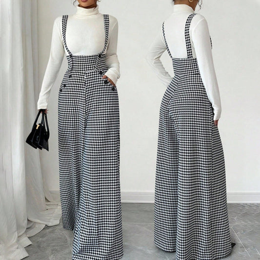 💎49% REDUCERE!🖤Pantaloni clasici pentru femei, cu talie înaltă și bretele, în model houndstooth✨