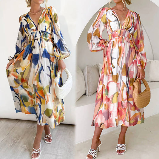 🌸Rochie midi cu mânecă lungă și imprimeu abstract colorat👗