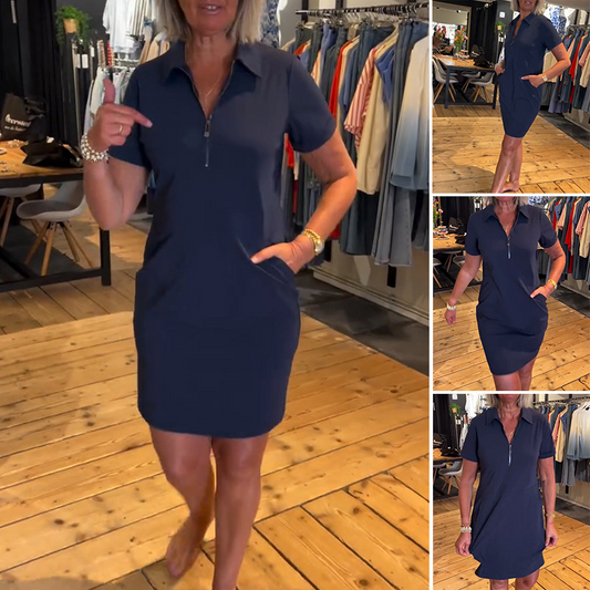 💖Rochie mini casual pentru femei, cu fermoar pe un sfert și buzunare