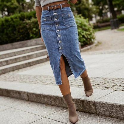 ⏳Reducere de 50% pentru o perioadă limitată⏰Fustă din denim cu talie înaltă și nasturi în față👗