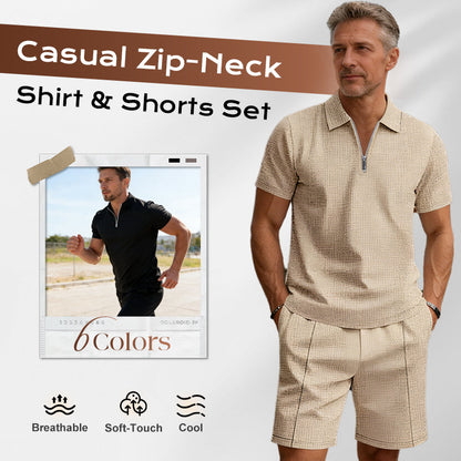 👕Set de cămașă casual cu guler cu fermoar și pantaloni scurți de vară👍