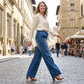 👖Blugi din denim cu talie elastică și picior larg pentru femei