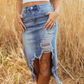 💖Fustă midi din denim cu talie înaltă și efect rupt pentru femei