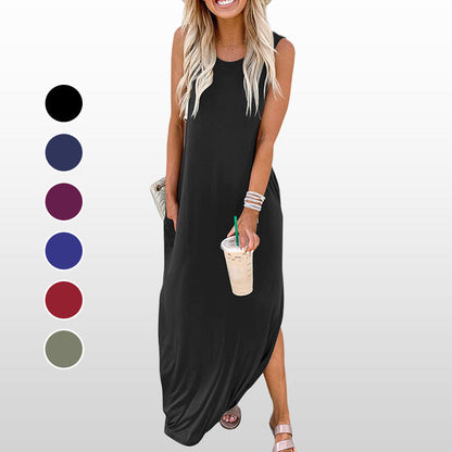 🎉🛍️Promoție fierbinte 50% REDUCERE💃Rochie lungă fără mâneci, în culori uni, la modă, pentru femei