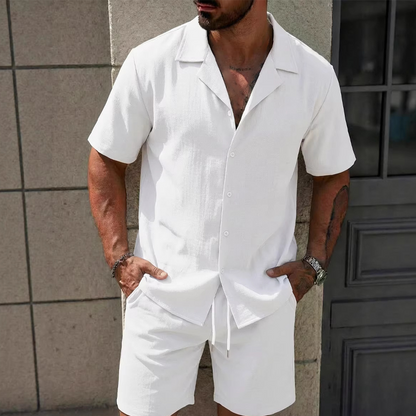 Set pentru bărbați cu bluză casual în culori uni și pantaloni scurți cu șnur