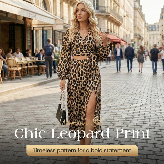 Set din două piese pentru femei: bluză cu decolteu în V și fustă cu imprimeu leopard