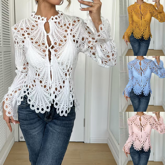 🎁Noutate cu 50% reducere💥Bluză elegantă din dantelă cu decupaje și mâneci clopot