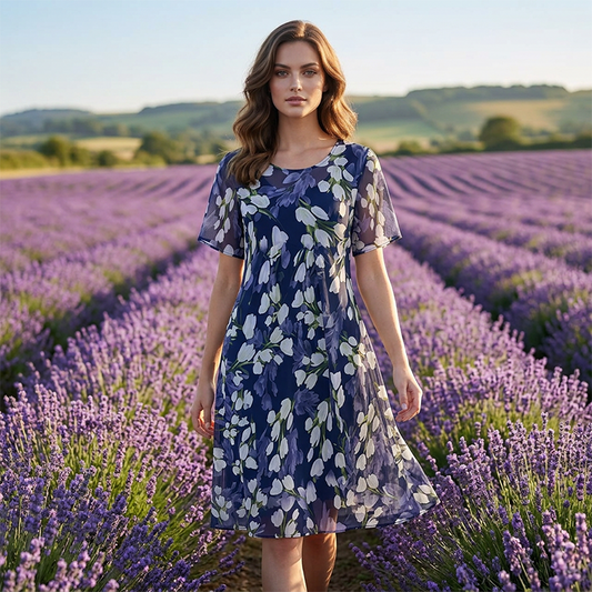 🌷 50% REDUCERE ACUM! ✨ Rochie de seară pentru femei, cu croi în A și imprimeu floral – din șifon dublu strat, cu imprimeu elegant și lungime până la genunchi 👗