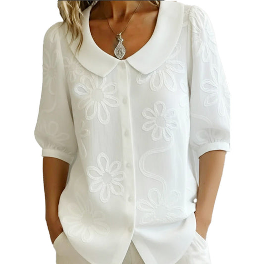 ✨Cămașă cu guler retro și broderie florală