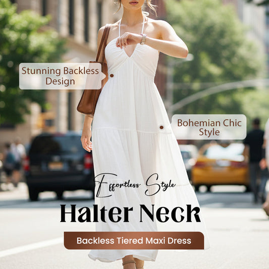 Rochie maxi cu gât halter, fără spate și în straturi