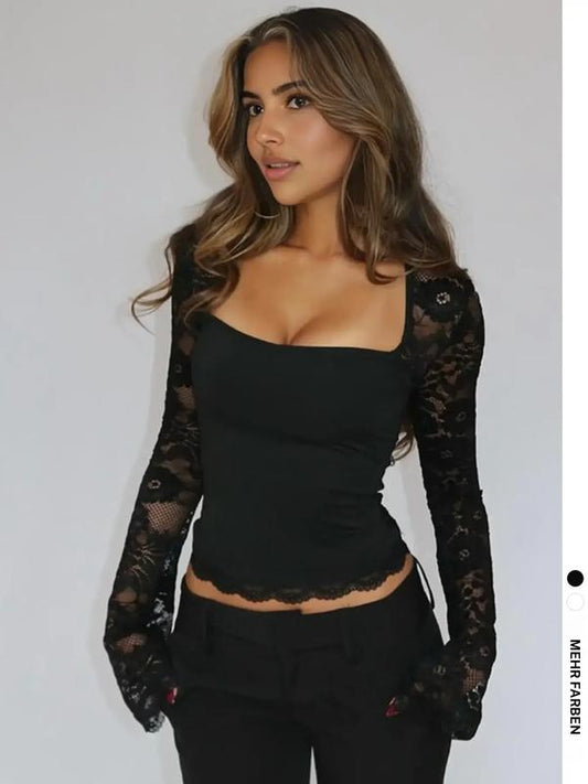 Tricou pentru femei, în culori uni, cu dantelă florală, volane despicate și mâneci transparente