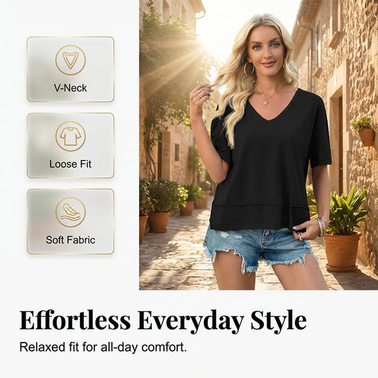 🔥👕Bluză pentru femei cu mâneci scurte, decolteu în V și tiv în stil patchwork