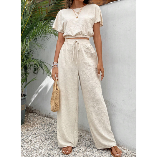 Top cu mâneci scurte pantaloni largi cu picioare drepte Set două piese pentru femei