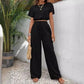 Top cu mâneci scurte pantaloni largi cu picioare drepte Set două piese pentru femei