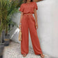 Top cu mâneci scurte pantaloni largi cu picioare drepte Set două piese pentru femei