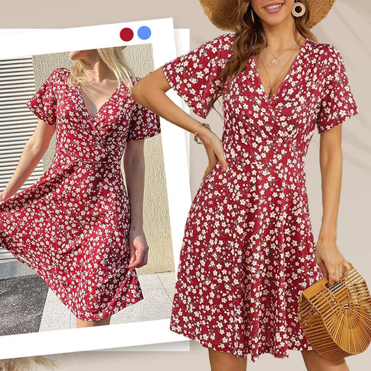 Rochie elegantă pentru femei, cu imprimeu floral, decolteu în V și mâneci scurte