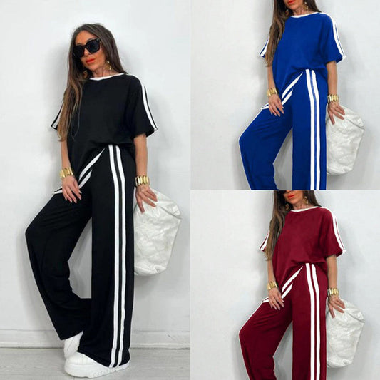 Set pentru femei compus din un top cu dungi și pantaloni cu croi larg