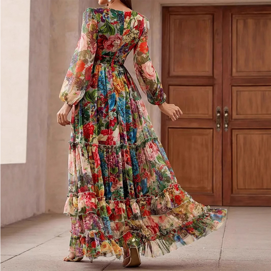 🔥Livrare gratuită!🌹Romantic V-Neck Lantern Sleeve Floral Dress