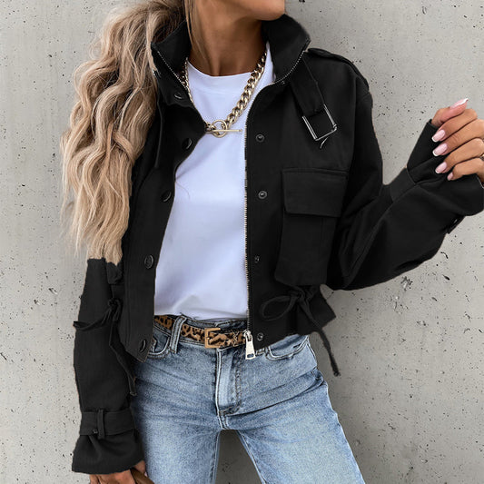 🧥Jachetă cu guler în picioare, nasturi, șnur și buzunare