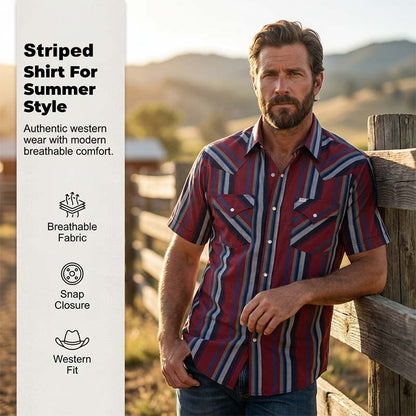 Cămașă western cu mâneci scurte și dungi, cu nasturi, pentru bărbați