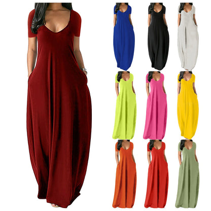 Rochie lungă casual pentru femei, cu guler rotund, mâneci scurte și țesătură moale