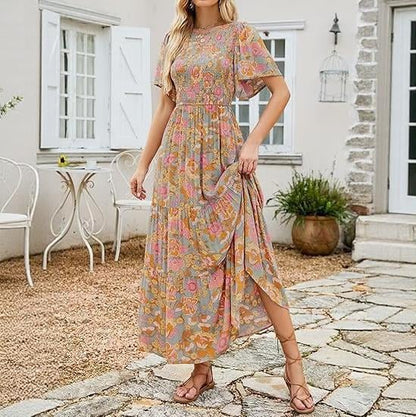 ⏰Ofertă specială: 49% reducere👗Rochie maxi lejeră pentru femei, cu imprimeu floral, mâneci fluturate, croi smocked și talie înaltă