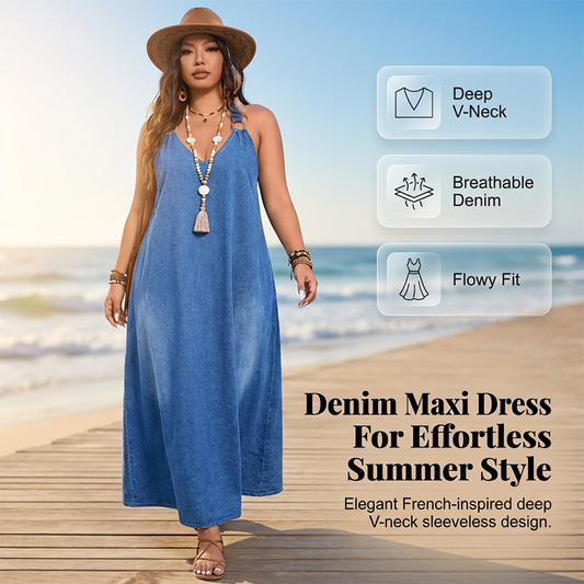 Rochie lungă din denim, cu croi lejer și decolteu în V