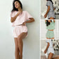 👚Set de relaxare din două piese pentru femei, compus dintr-un top cu mâneci scurte și imprimeu în dungi, și pantaloni scurți