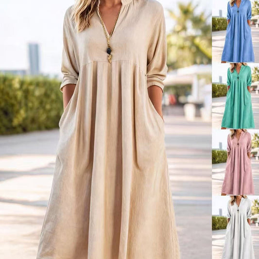 Rochie midi casual pentru femei, cu decolteu în V și buzunare