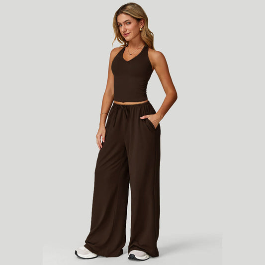 💖Set compus dintr-un top scurt cu bretele în spate și pantaloni cu croi larg pentru femei