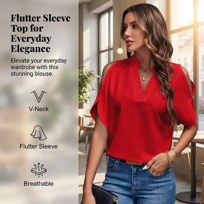 💥😍Bluză pentru femei cu decolteu în V, umeri decupați și mâneci fluturate👕