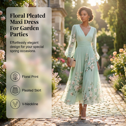 🌸Rochie cu imprimeu floral, decolteu în V și mâneci lungi, cu pliuri