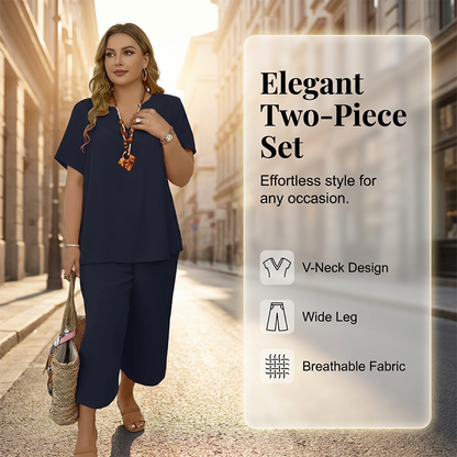 Set pentru femei compus din un top casual cu mâneci scurte și pantaloni cu croi larg