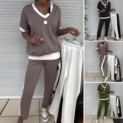 Set de bluză casual cu decolteu în V și pantaloni pentru femei