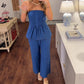 Set de top și pantaloni plisați fără bretele pentru femei, cu peplum