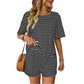 💝Reducere de 49%💝Set din două piese pentru femei, compus din tricou cu dungi și pantaloni scurți