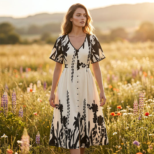 🌹🦋Rochie midi elegantă cu decolteu în V și imprimeu botanic✨