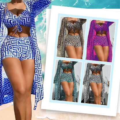 👙 ACUM CU 50% REDUCERE! 🔥 Set de costum de baie pentru femei, 3 piese, cu imprimeu geometric – Design modern, potrivire confortabilă și perfect pentru zilele la plajă 🏖️