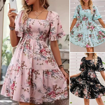Rochie elegantă pentru femei, cu decolteu pătrat, imprimeu floral și detalii smockate