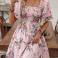 Rochie elegantă pentru femei, cu decolteu pătrat, imprimeu floral și detalii smockate