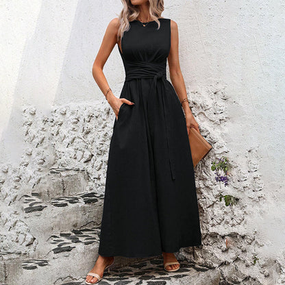Rochie maxi fără mâneci cu decolteu rotund și tăietură A