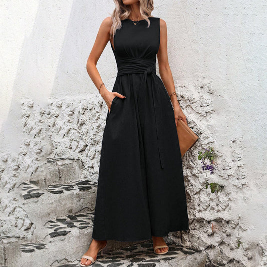 Rochie maxi fără mâneci cu decolteu rotund și tăietură A