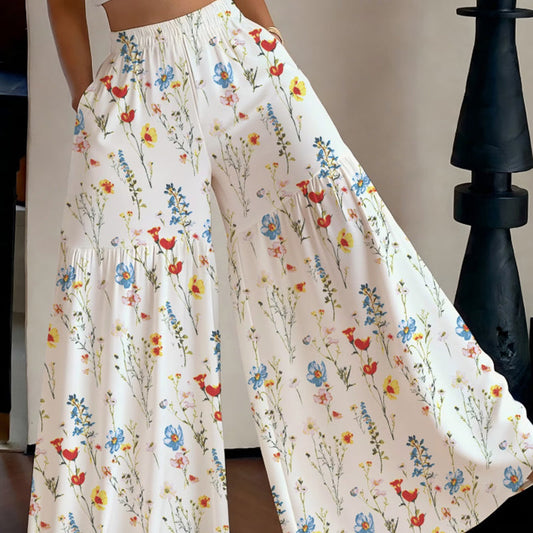 Pantaloni cu imprimeu floral pentru femei, cu talie largă