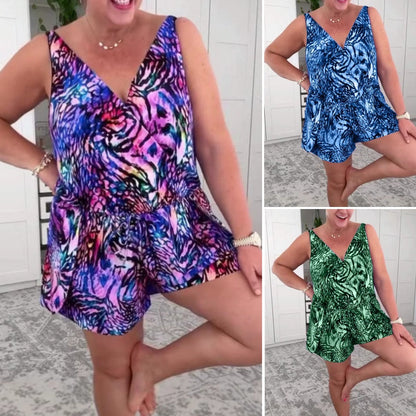 【S-3XL】🏖️Costum de baie fără mâneci, cu decolteu în V și imprimeu🩱