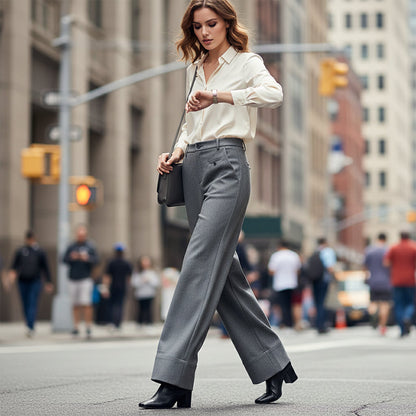 Pantaloni Cropped cu Talie Înaltă și Picior Larg pentru Femei