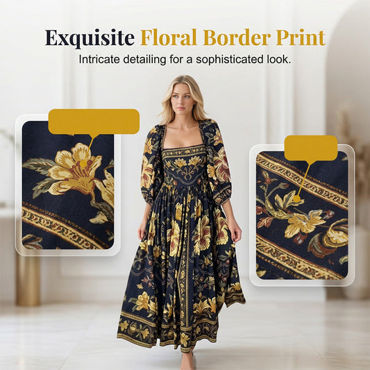 📢📢REDUCERE DE 50%!! ✨👗Rochie lungă cu guler pătrat și imprimeu floral retro