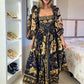 📢📢REDUCERE DE 50%!! ✨👗Rochie lungă cu guler pătrat și imprimeu floral retro