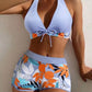 🏖️REDUCERE DE 50%!! 👙Costum de baie din două piese cu imprimeu de frunze, decolteu în V și bretele